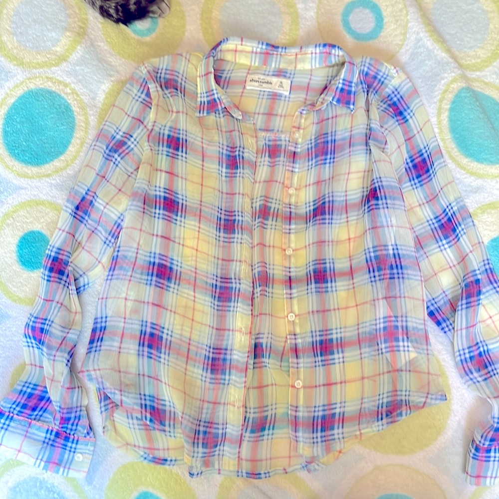 Abercrombie kids sheer plaid blouse button up